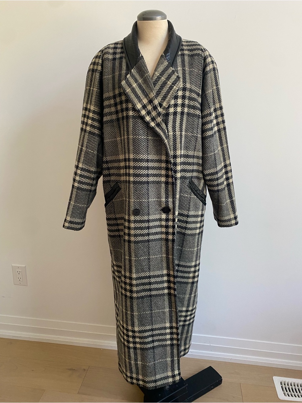 Vintage Plaid Long Coat with Leather Trim - Picture 2 of 8